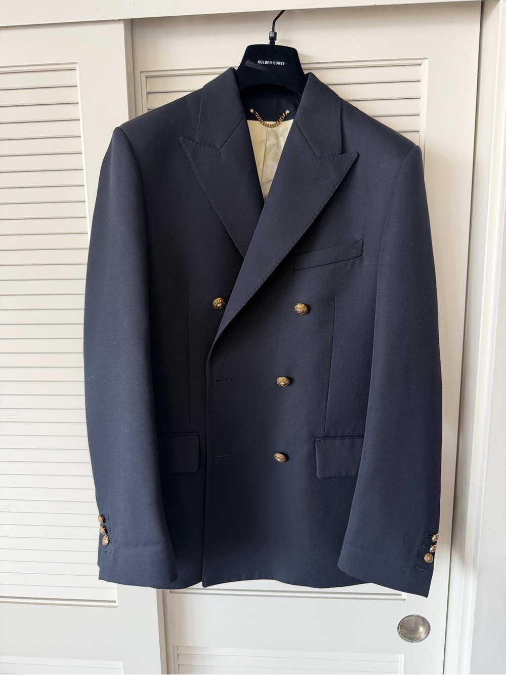 Golden Goose Navy Double-Breasted Sport Coat with Gold Buttons